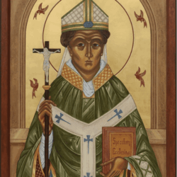 St Edmund of Abingdon Portrait of Saint Edmund of Abingdon, depicted in traditional episcopal attire, including a mitre and chasuble, holding a crozier and a book. The image is set against a golden background, characteristic of Byzantine-style iconography, highlighting his role as Archbishop of Canterbury and his commitment to education and reform.