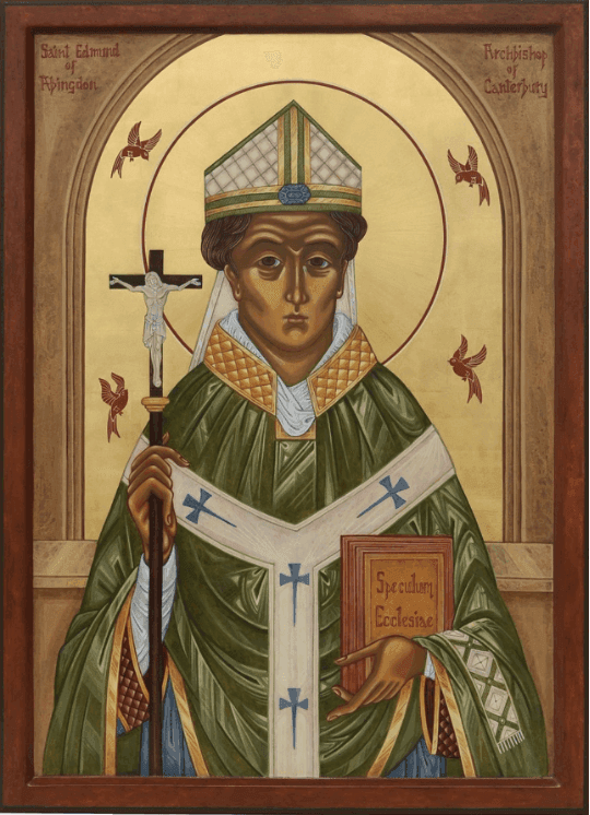 Portrait of Saint Edmund of Abingdon, depicted in traditional episcopal attire, including a mitre and chasuble, holding a crozier and a book. The image is set against a golden background, characteristic of Byzantine-style iconography, highlighting his role as Archbishop of Canterbury and his commitment to education and reform.