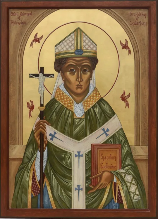 Portrait of Saint Edmund of Abingdon, depicted in traditional episcopal attire, including a mitre and chasuble, holding a crozier and a book. The image is set against a golden background, characteristic of Byzantine-style iconography, highlighting his role as Archbishop of Canterbury and his commitment to education and reform.