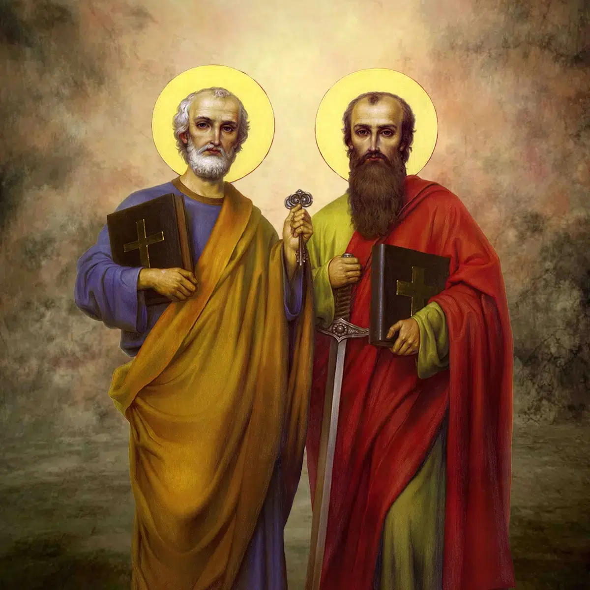 A painting of St Peter, holding a key, alongside St Paul, holding a sword. Both men are holding a book with a cross in the cover.