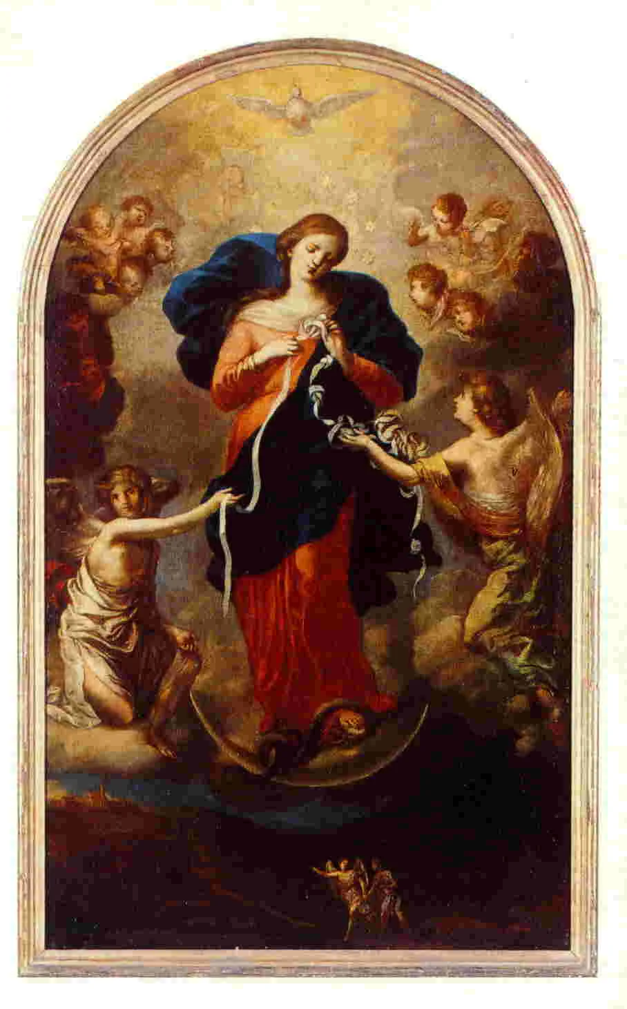 A paint, by Schmidtner showing our Lady Untier of Knots. She is uniting knots in her hands, while angels around her grab the untied line.