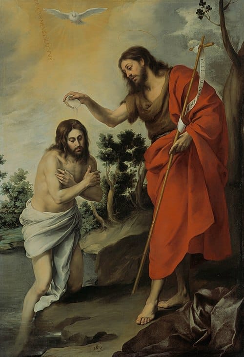 Baroque painting of the Baptism of Christ by Bartolomé Esteban Murillo. John the Baptist pours water over Jesus’ head in the Jordan River. A dove, representing the Holy Spirit, descends from above. Two angels stand nearby holding Jesus’ cloak, while soft light illuminates the scene, emphasizing the divine presence and serenity.