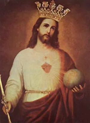 Photograph of a religious artwork depicting the consecration of Ecuador to the Sacred Heart of Jesus by President García Moreno in 1873.
