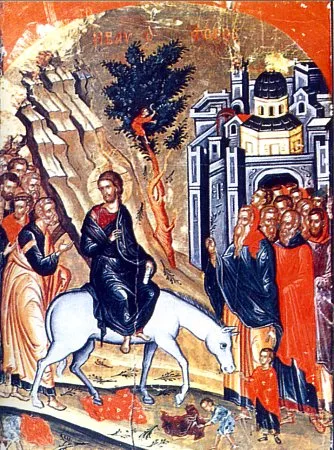 Entry into Jerusalem (Afon icon), 16th-century Orthodox icon depicting Jesus riding a donkey into Jerusalem while disciples and crowds greet Him, waving palm branches, with a gold background highlighting the sacred moment.